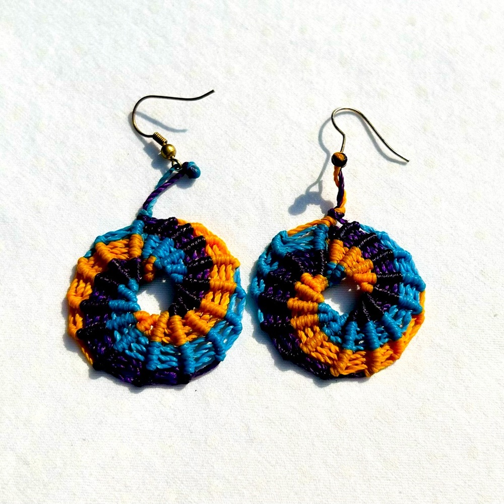 Macrame Swirl Earrings Orange Blue Purple Handcrafted Hypoallergenic